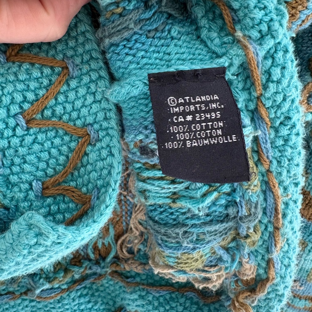 Green/blue cotton cardigan- hand knit in Nepal- size S/M - Picture 8 of 9